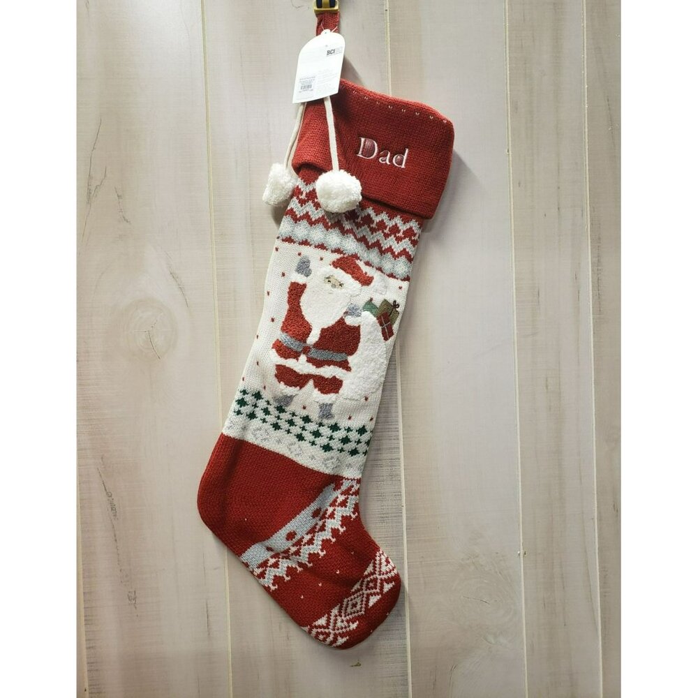Pottery Barn Kids Heirloom Knit Stocking, Santa, DAD Monogram, Wht Pompoms, NWT